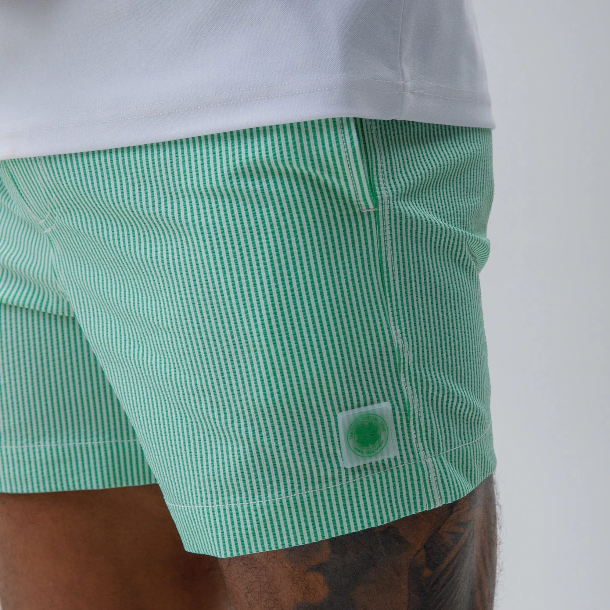 Celtic Crest Men's Stripe Green and White Swim Shorts - Image 3